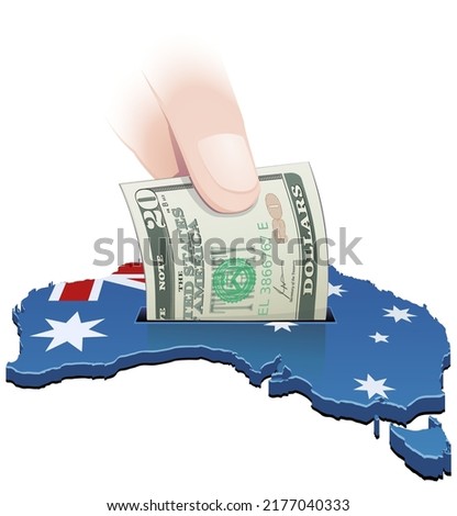 3D map of Australia in the colors of the Australian flag with a 20 dollar bill in it by a hand (cut out)