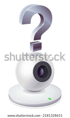 Spherical white webcam with its lens pointing to the right on which a metallic 3D question mark is posed (cut out)