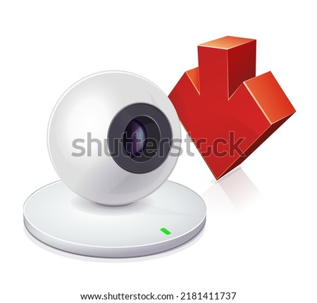 Spherical white webcam with its lens pointing to the right with a downward red 3D arrow in the background