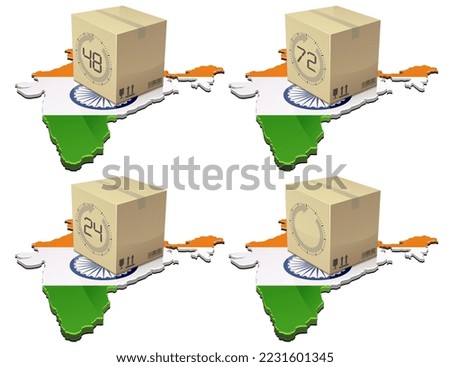 Collection of the 3D map of India in the colors of the Indian flag on which a cardboard package is placed with a delivery time written on it (cut out)