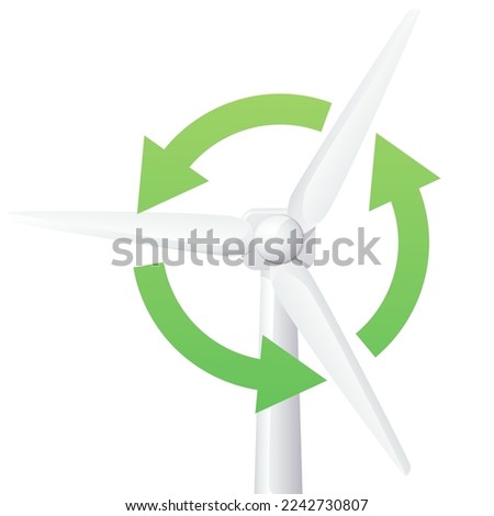 Top of a white 3D Wind Turbine from the front with the circular green arrows of the blades indicating the operation of the blades (cut out)