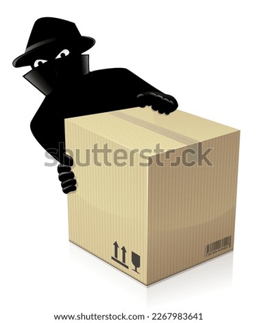 3D cardboard box delivery with in the background a masked criminal is getting his hands on it and stealing it