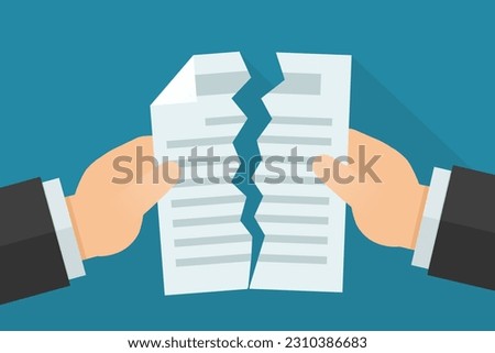 Two hands tearing a document representing a breach of contract (flat design)