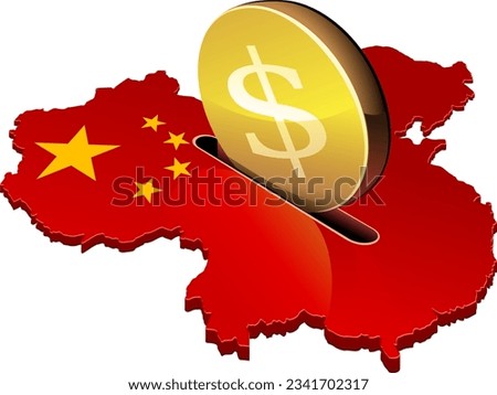 3D map of China in the colors of communist china in which a gold coin with the currency symbol Dollars