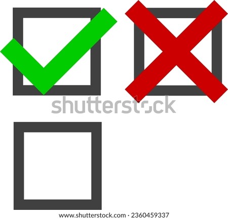 Collection of blank checkbox, with green check or red cross in flat style