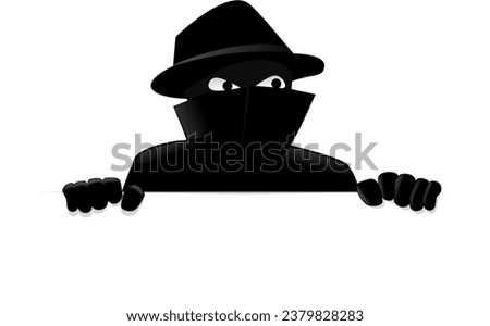 A criminal dressed in black is on the lookout at the top of a sign