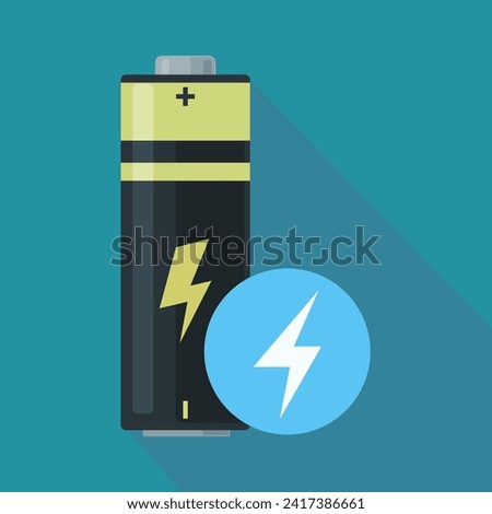 Electric battery on a blue background with a lightning bolt in a blue circle of charging in progress with shadow (flat design)