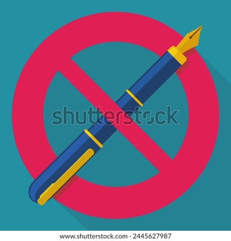 Blue and gold pen isolated on a blue background with long shadow barred by the circular red prohibition symbol (flat design)
