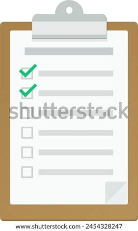 Clipboard with a checklist of which the first 2 checkboxes are validated in flat design style (cut out)