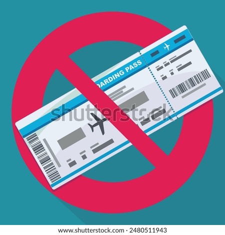 Prohibition symbol on plane ticket on blue background with long shadow (flat design)