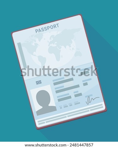 Open passport isolated in flat design style with long shadow