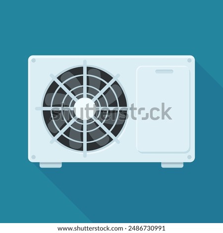 Heat pump air conditioner in flat design style on blue background with long shadow