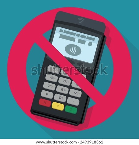 Contactless payment terminal ban symbol on blue background with long shadow in flat design style