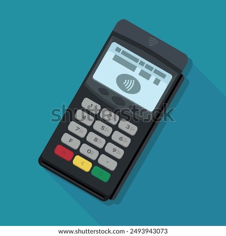 Contactless payment terminal in flat design style on blue background with long shadow