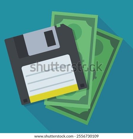 Black 3 and a half inch floppy disk with a yellow label above two green dollar bills in flat design style