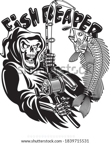 grim reaper holding fishing rod fighting hooked fish 