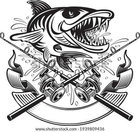 crossed fishing rod and reels, barracuda and banner
