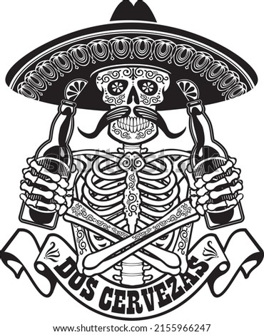 Mexican sugar skeleton holding beer and banner with text two beer in spanish