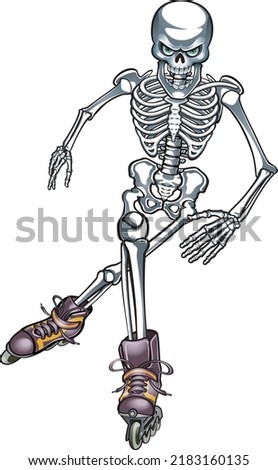 Human skeleton  inline skating wearing rollerblades