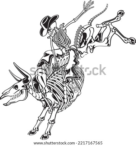 Cowboy Skeleton bull riding on a skeleton bull