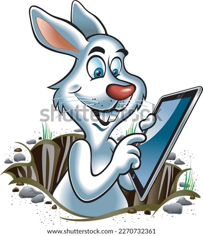 Cartoon style rabbit in hole operating tablet computer