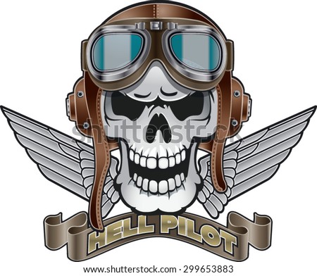 skull with pilot helmet, wings and banner with text hell pilot