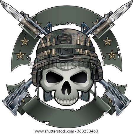 Skull With Army Helmet Crossing Assault Rifles With Fixed Bayonets And ...