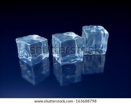 Three melting ice cubes on dark blue background