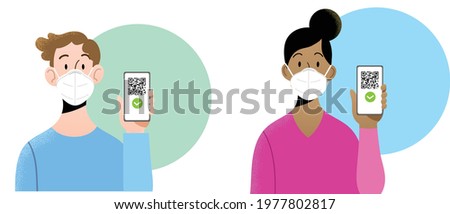 Young man and woman wearing ffp2  masks holding smartphone with QR code on screen. Concept of digital sanitary pass, of European Green Pass, or digital vaccine passport. Certificate of vaccination.