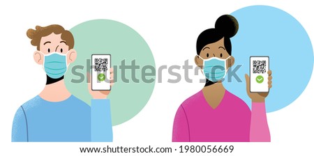 Young man and woman wearing blue surgical masks holding smartphone with QR code on screen. Concept of digital sanitary pass, European Green Pass, digital vaccine passport. Certificate of vaccination. Stock foto © 