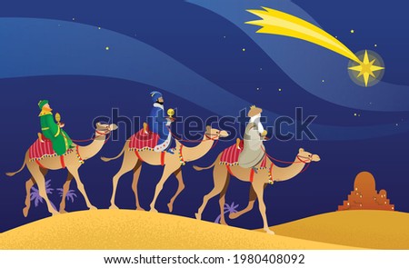 The Three Wise Men, Magi, or Three Kings, Melchior, Caspar and Balthasar on camels back, heading to the city of Bethlehem following the Star of Bethlehem. Ephiphany celebration vector illustration.
