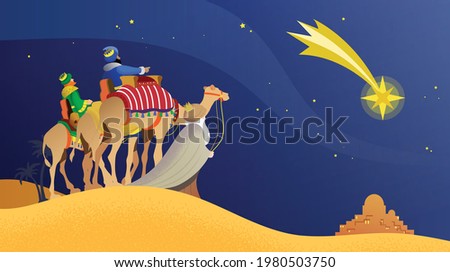 The three wise men, Magi, Three Kings, Melchior, Caspar and Balthasar ridings camels in desert, heading for Bethlehem, following Bethlehem Star. Epiphany celebration illustration vector. Bible story.