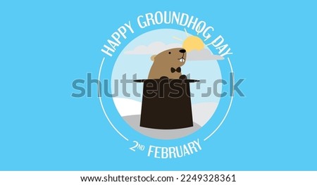 Happy groundhog day greeting banner vector illustration with groundhog Phil popping from a top hat. Sun hidden by clouds. Circle logo design.