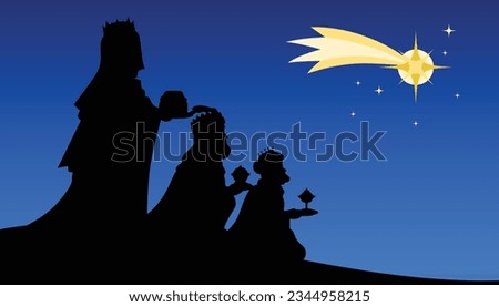 Three biblical kings black silhouette shape looking at Star of Bethlehem. Three wise men holding presents under the starry sky.