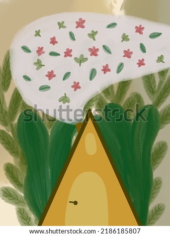 Prims shaped home with green trees on the back and smoke in flowers and leaves illustrations. for phone case, fabric print, wallpaper, covers, wall decor, background, templates. Pillow case design. Imagine de stoc © 