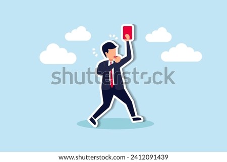 Business banned, violation or break the rule, penalty, judge or punishment cause of failure or problem concept, businessman blowing whistle showing red card to ban or stop wrong or corruption employee
