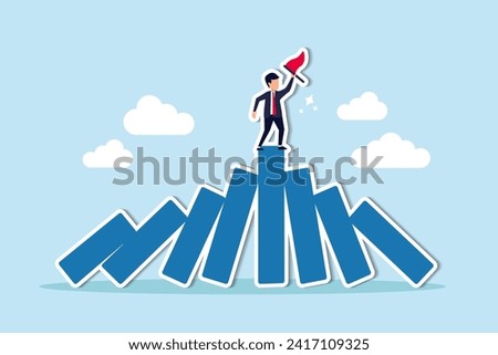 Winner take all, survive business competition or strength to overcome difficulty, economic crisis or recession, business winner concept, success businessman on stand strong bar graph domino collapse