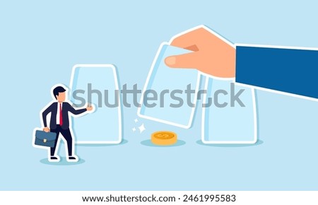 Gambling risk, win the guess game or predict the investment outcome, concept of Businessman pointing to the right cup, revealing dollar coin profit