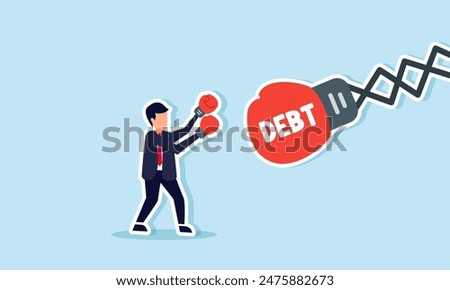 Debt management, fight with debt for financial freedom, concept of A professional businessman, in boxing gloves, fights a creditor's huge Debt glove