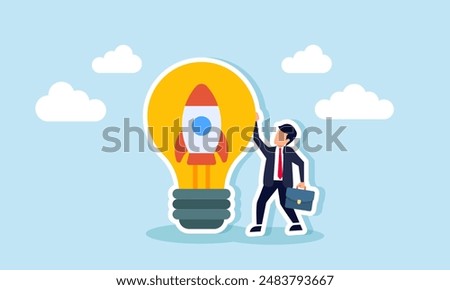 Entrepreneurship involves setting up a new business, driven by motivation to create and succeed with innovative ideas, concept of A startup owner stands with an innovative rocket inside a lightbulb