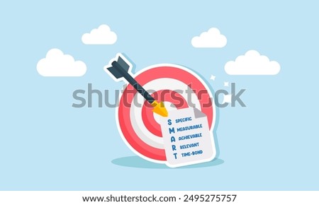 Setting SMART goals: specific, measurable, achievable, relevant, and time-bound, planning realistic targets, concept of arrow bow hit bullseye with note paper written business SMART goal