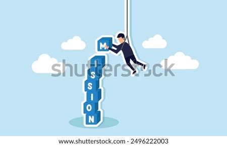 Business mission leadership to achieve targets, overcome obstacles, and find motivation to do the impossible, concept of A skillful businessman hangs from above, managing to complete mission blocks