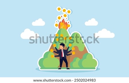 High profits from mining resources, generating a lot of money that is sought after concept of A businessman trying to catch as much profit as possible from a volcano erupting coins