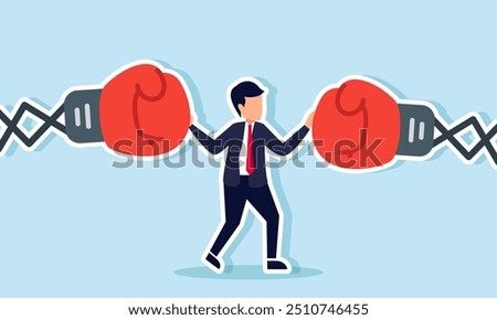 A businessman resisting punches from toy boxing machines from both sides, Illustration concept of Resisting pressure from multiple sources or challenges faced in business