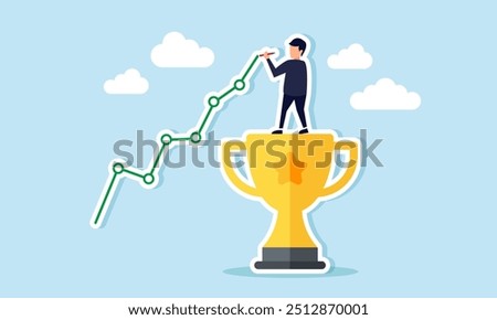 A businessman standing on a trophy, charting an upward trend in his business, illustration concept of Correlation between business growth and development with achievements attained