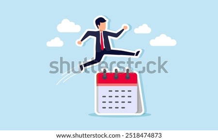 A businessman running and jumping over a calendar or agenda, illustrating the step-by-step completion of a planned agenda or schedule