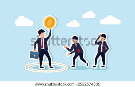 A businessman inside a circle holding a dollar coin while others try to approach, an illustration of the exclusivity of a businessman with substantial assets.