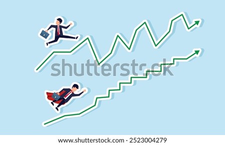 A businessman moves on a fluctuating graph while a super businessman moves on a relatively flat graph, illustrating the performance gap between top and average employees