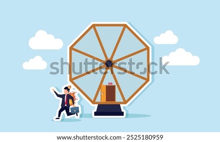 A businessman on fire exits a Ferris wheel, illustrating how hectic business activities cause stress for entrepreneurs