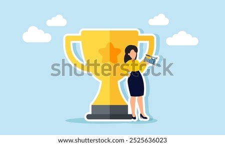 A businessman vlogs or records himself next to a trophy, illustration of the act of showing off achievements he has accomplished.